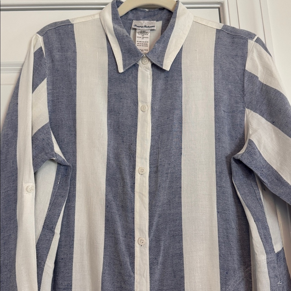 Tommy Bahama Beach Cover Up Navy and White Pockets Fringe M EUC - Picture 5 of 7
